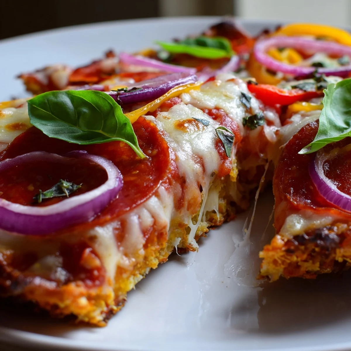 Low-carb chicken crust pizza baked to perfection with bubbling cheese and fresh basil garnish