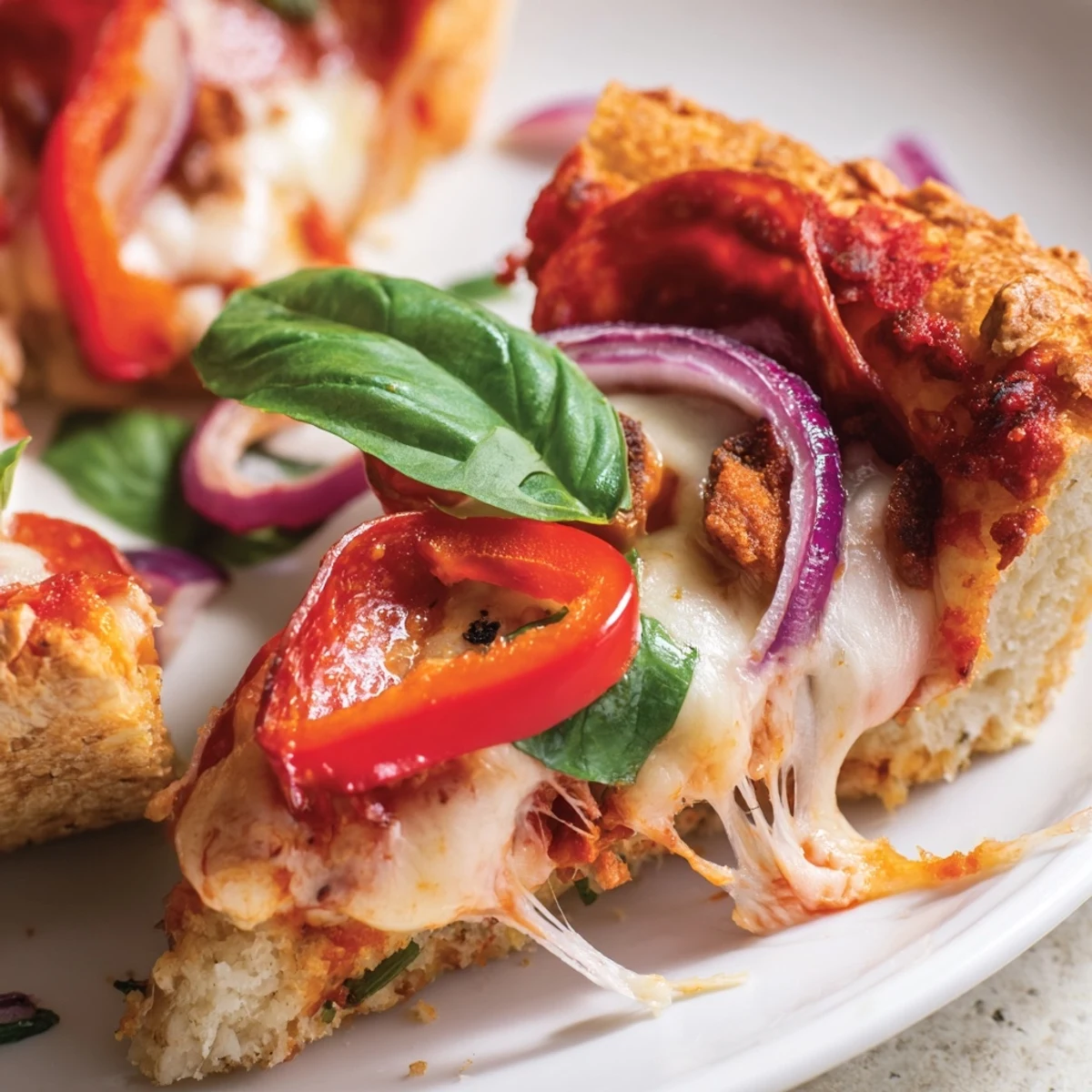 Gluten-free pizza featuring a golden chicken base topped with pepperoni onions and bell peppers