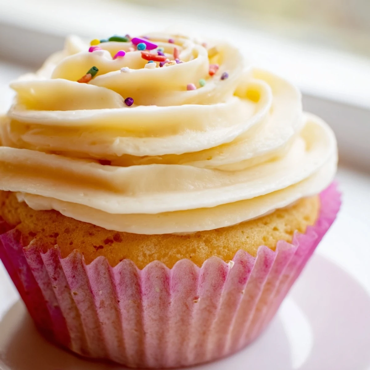 Golden vanilla cupcakes topped with fluffy swirls of creamy white buttercream frosting