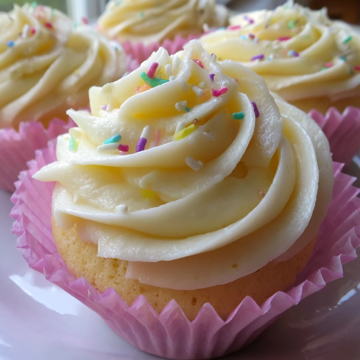 Light and fluffy vanilla cupcakes piped with sweet homemade buttercream on white plate