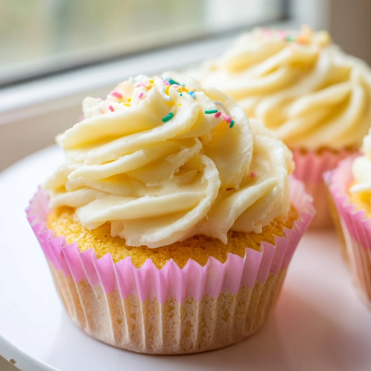 Classic American vanilla cupcakes with tall whipped frosting and colorful sprinkles on top