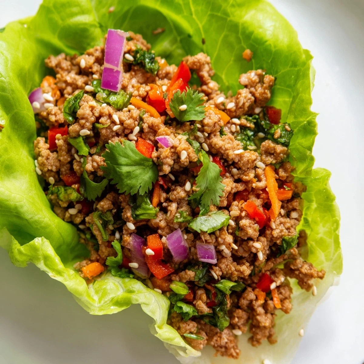 Seasoned ground turkey filling served in crisp romaine lettuce cups with fresh vegetables