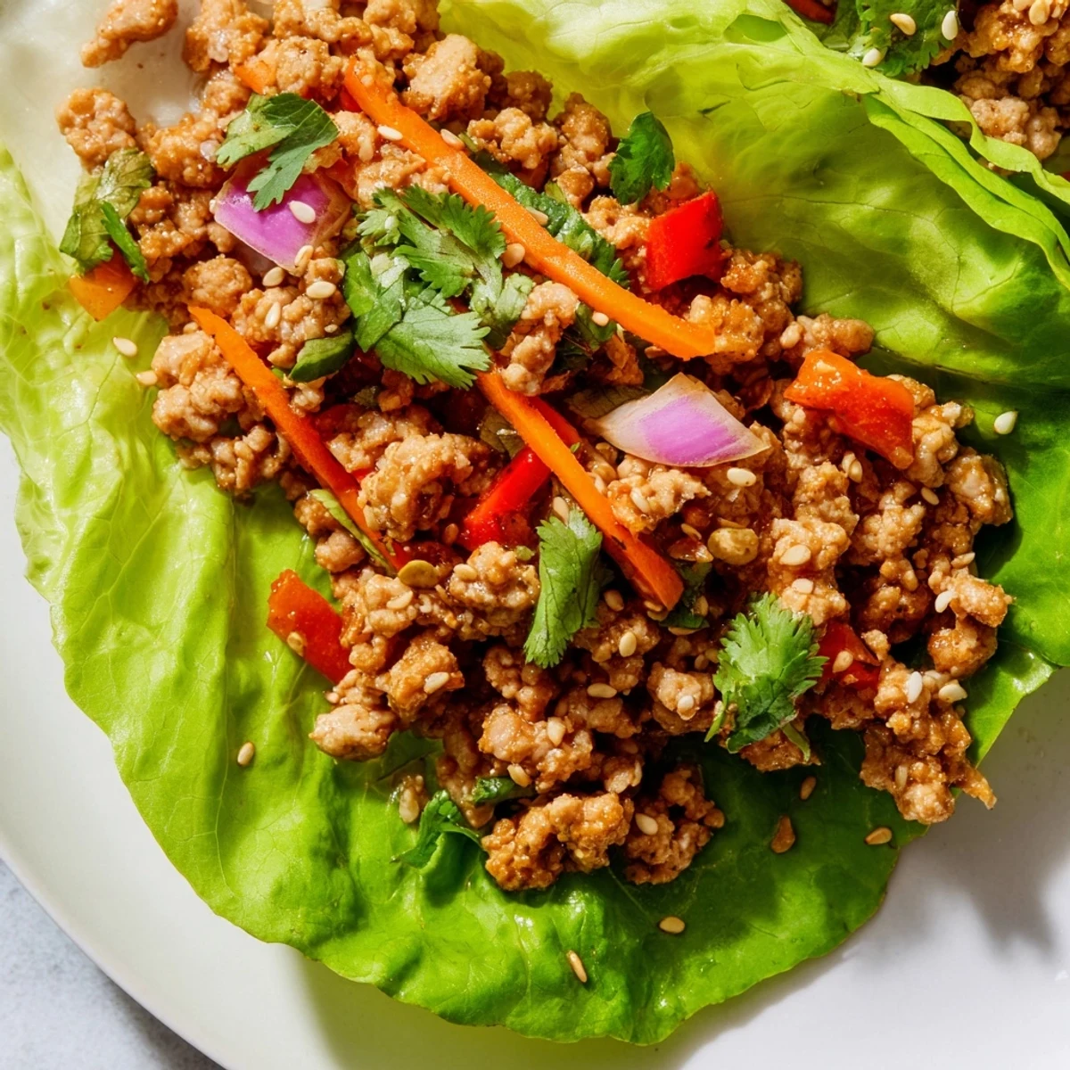 Healthy ground turkey lettuce wrap bowls topped with sesame seeds and cilantro