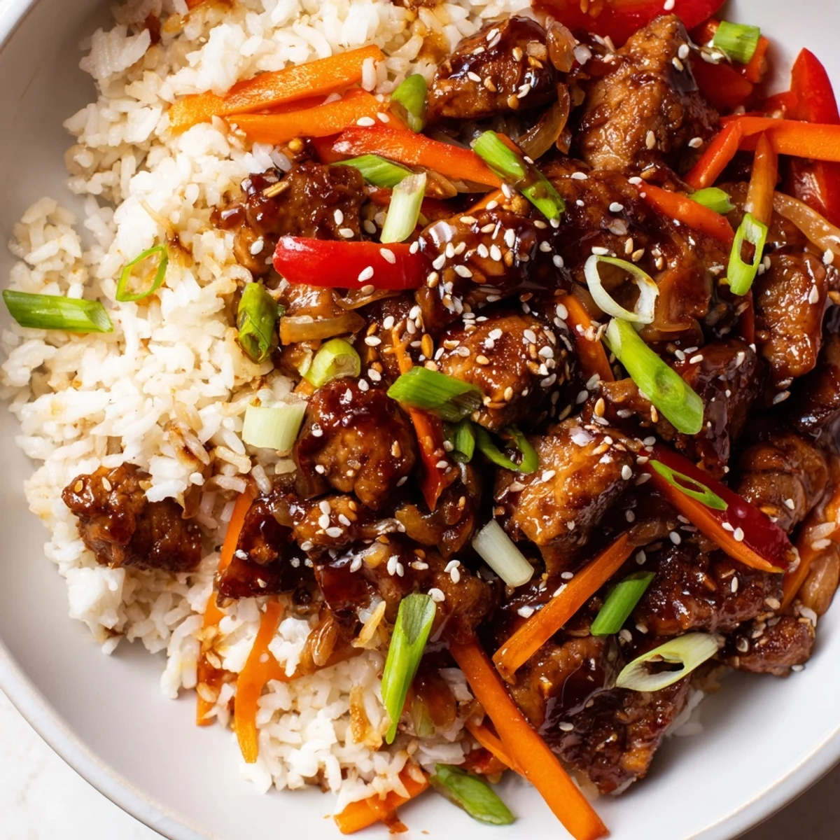 One Pan Korean BBQ Chicken and Rice sizzling in a skillet with colorful vegetables and fluffy grains