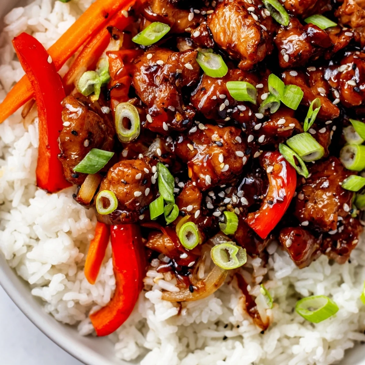 Tender glazed chicken pieces nestled in savory One Pan Korean BBQ Chicken and Rice with bell peppers
