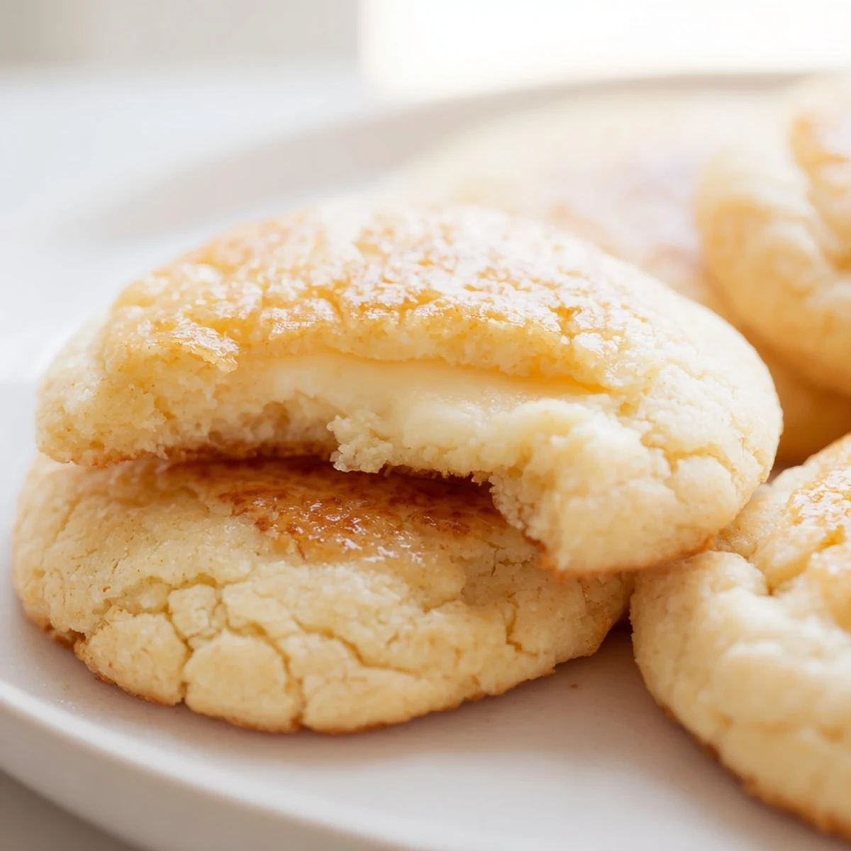 Creamy vanilla center peeking from soft baked creme brulee cookies on plate