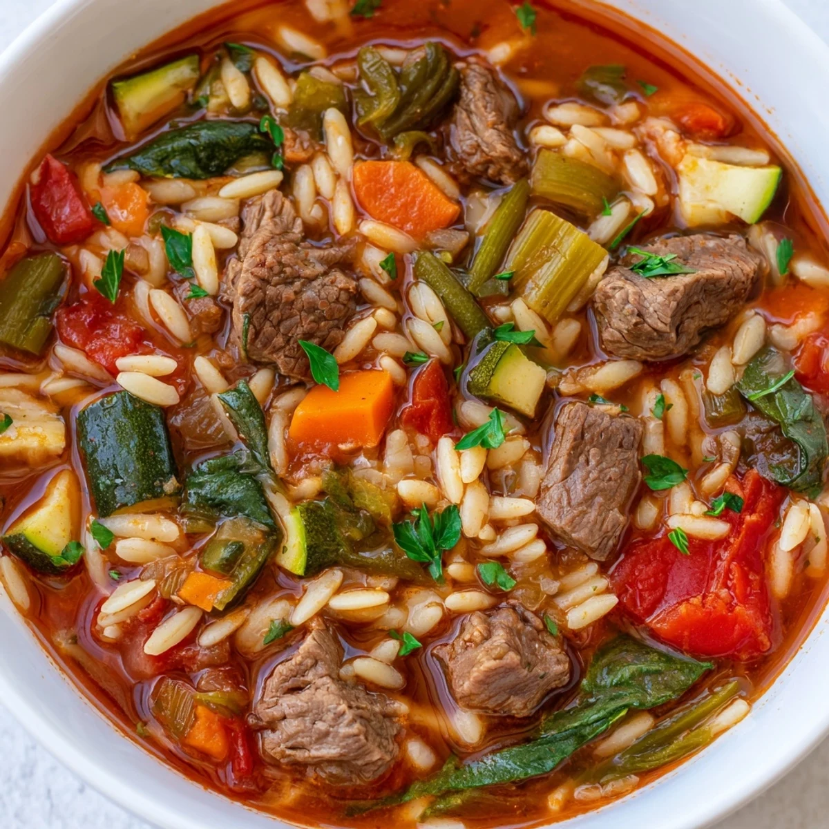 Steaming bowl of Hearty Beef and Orzo Soup with tender meat and colorful vegetables