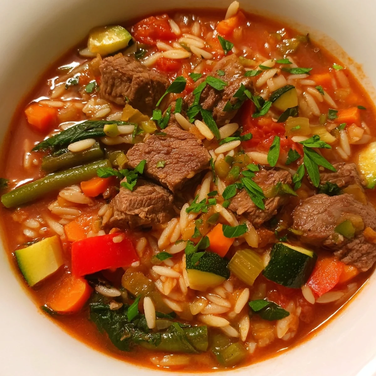 Hearty Beef and Orzo Soup brimming with carrots, spinach, and savory beef chunks
