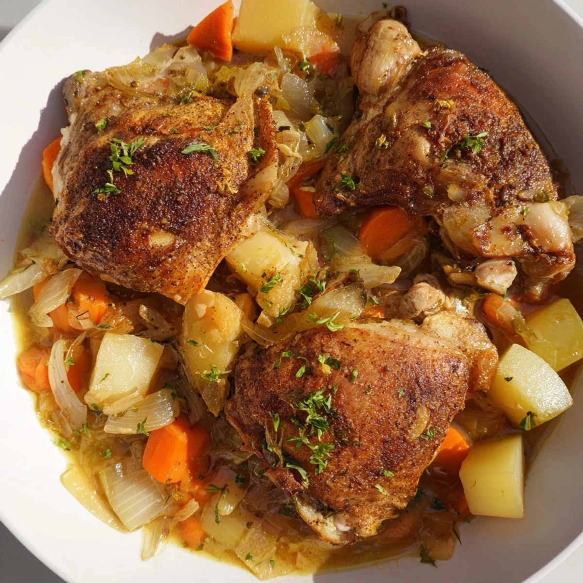 Tender slow cooker chicken dinner with carrots, potatoes, and herbs in savory broth