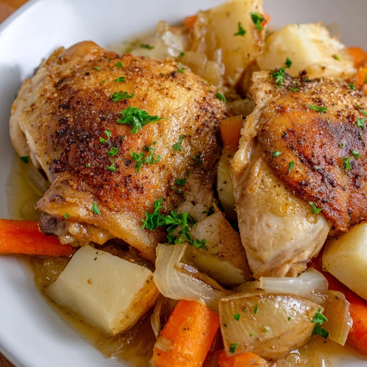 Slow cooker chicken dinner served hot with fork-tender vegetables and fresh parsley garnish