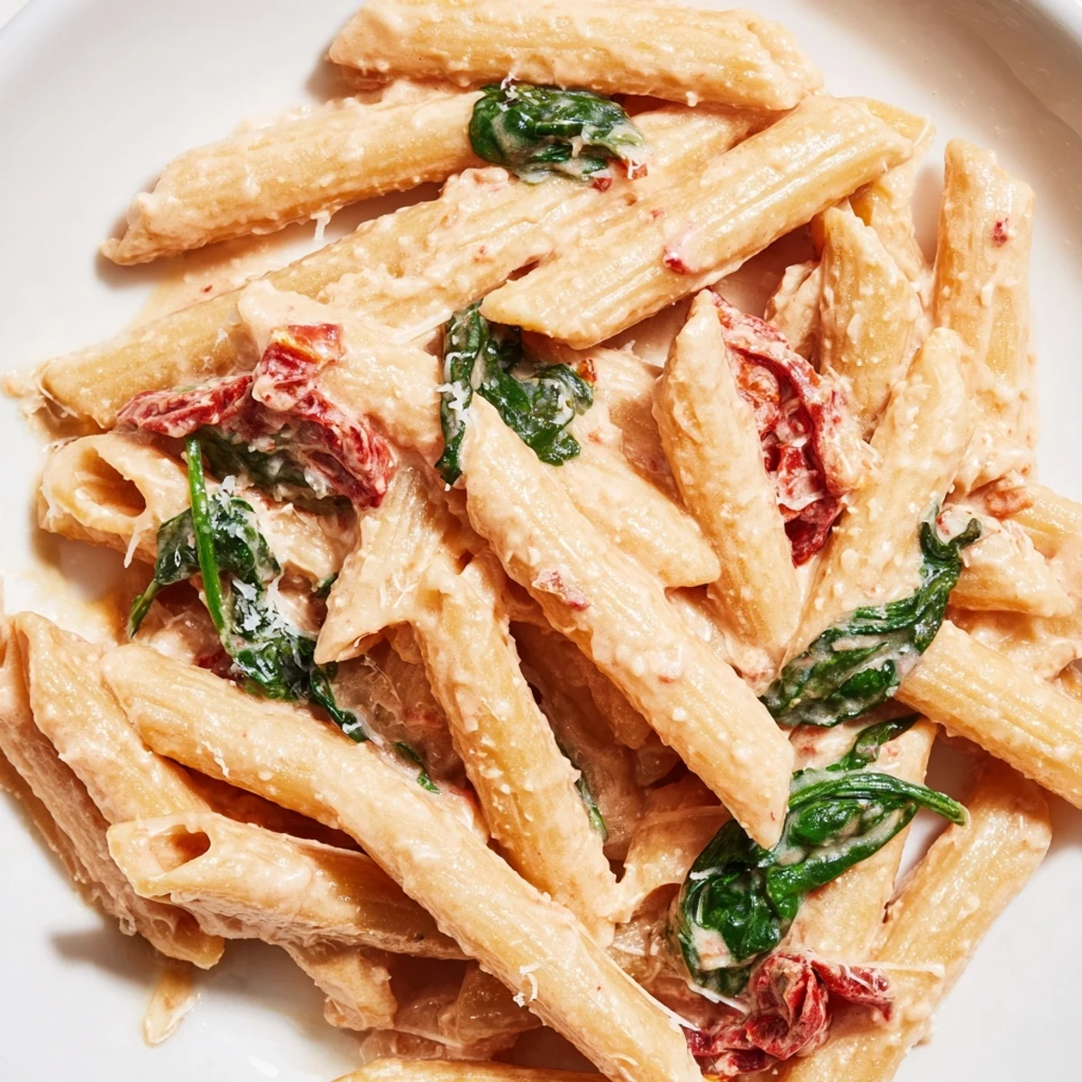 Creamy sun dried tomato spinach pasta in a rustic skillet with vibrant green wilted leaves