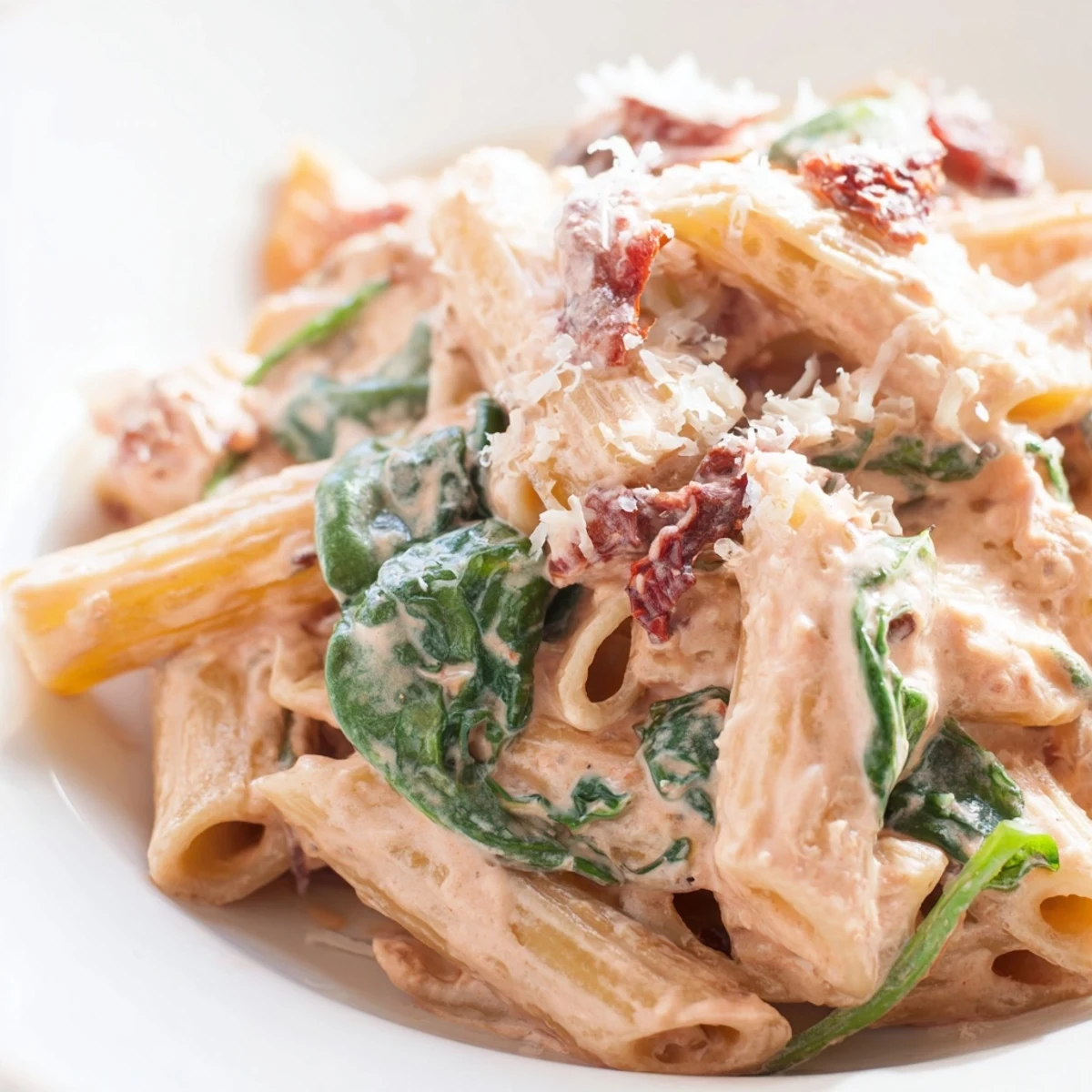 One pan creamy sun dried tomato spinach pasta coated in velvety pink sauce