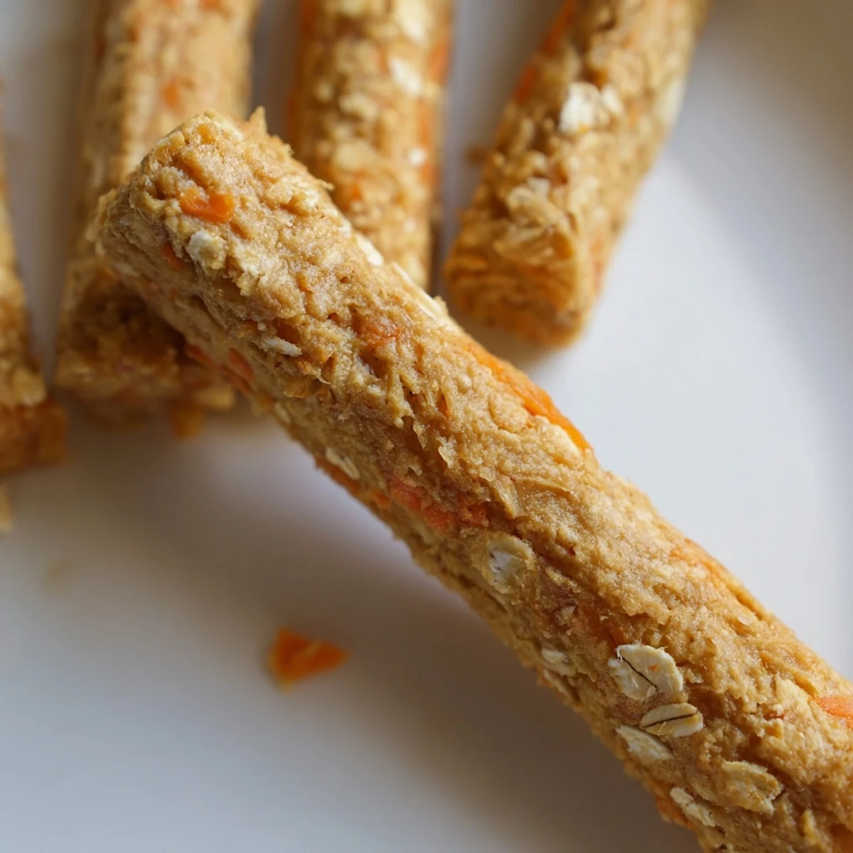 Golden brown apple and carrot dog chew sticks arranged on parchment paper after baking