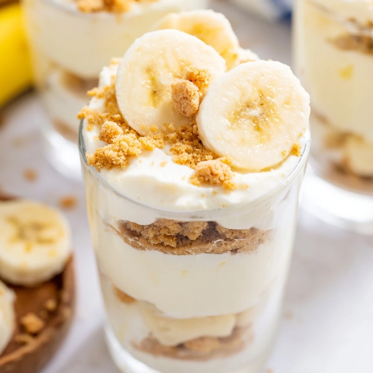 Individual no bake banana pudding cheesecake cups with layered filling and golden cookie crust