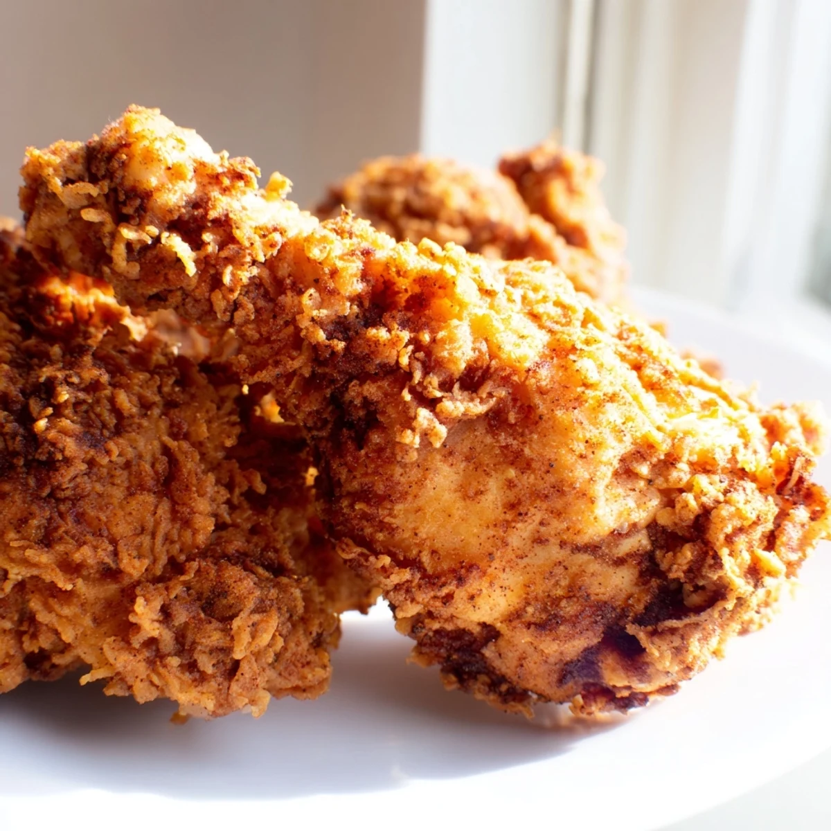 Crispy golden fried chicken pieces stacked on a wire rack with herbs nearby
