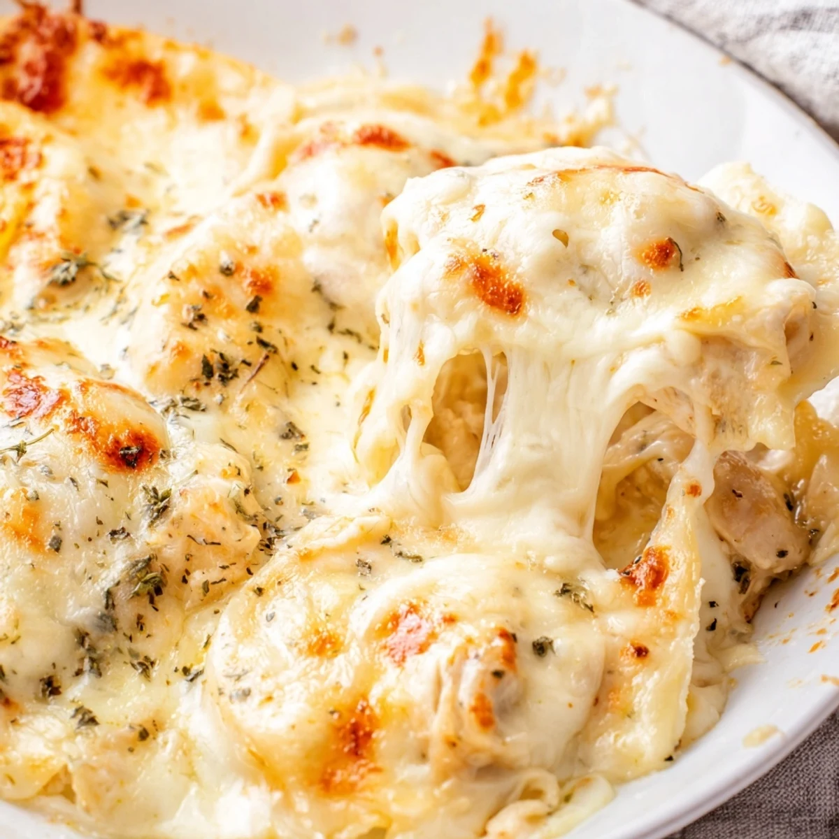 Golden bubbly Chicken Alfredo Baked Ravioli casserole with melted mozzarella cheese topping