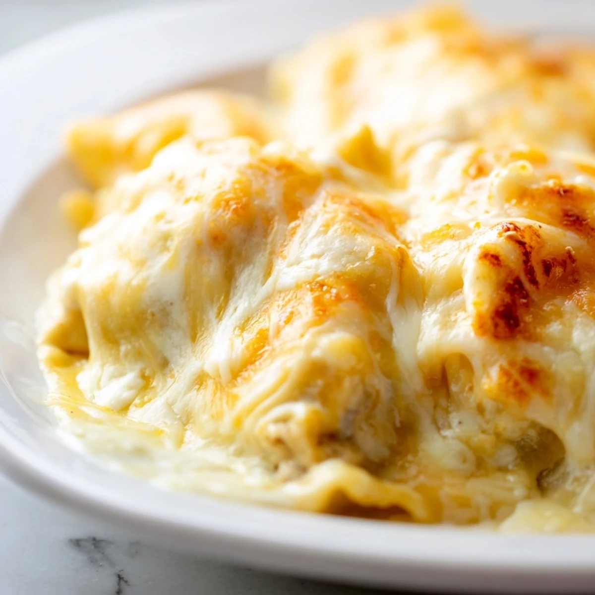 Creamy Chicken Alfredo Baked Ravioli served in a white ceramic baking dish