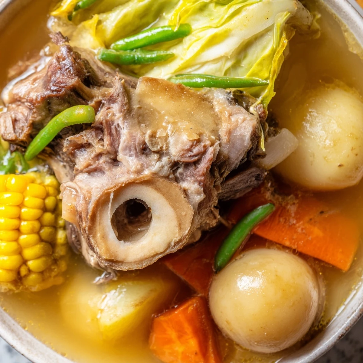 Steaming bowl of Filipino Bulalo with tender beef shank and vegetables in golden broth
