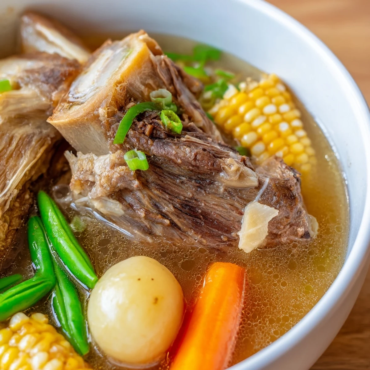 Tender beef shank and corn floating in rich Filipino Bulalo bone marrow soup