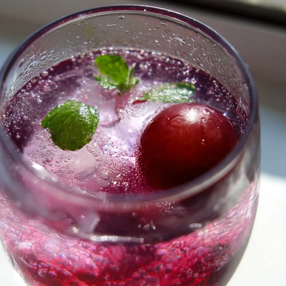 Vibrant purple grape agua fresca poured into a mason jar on a sunny patio