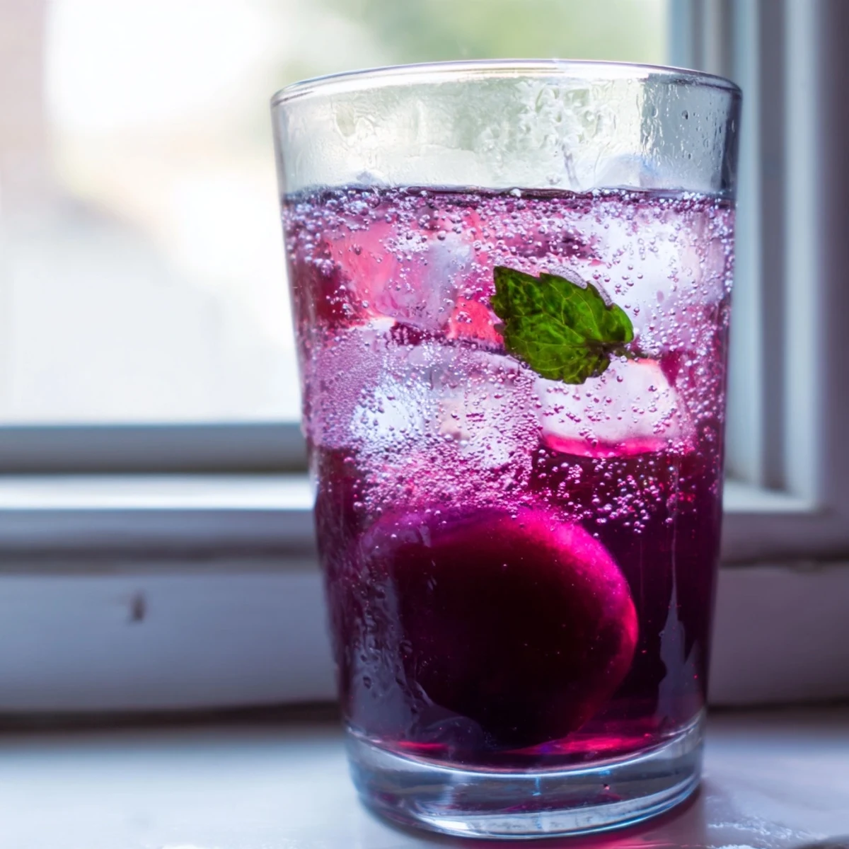 A tall glass of grape agua fresca served over ice with fresh mint garnish