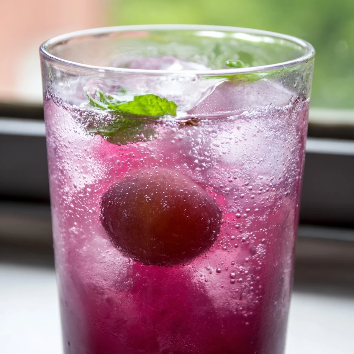 Chilled grape agua fresca in a pitcher surrounded by fresh grapes and lime wedges