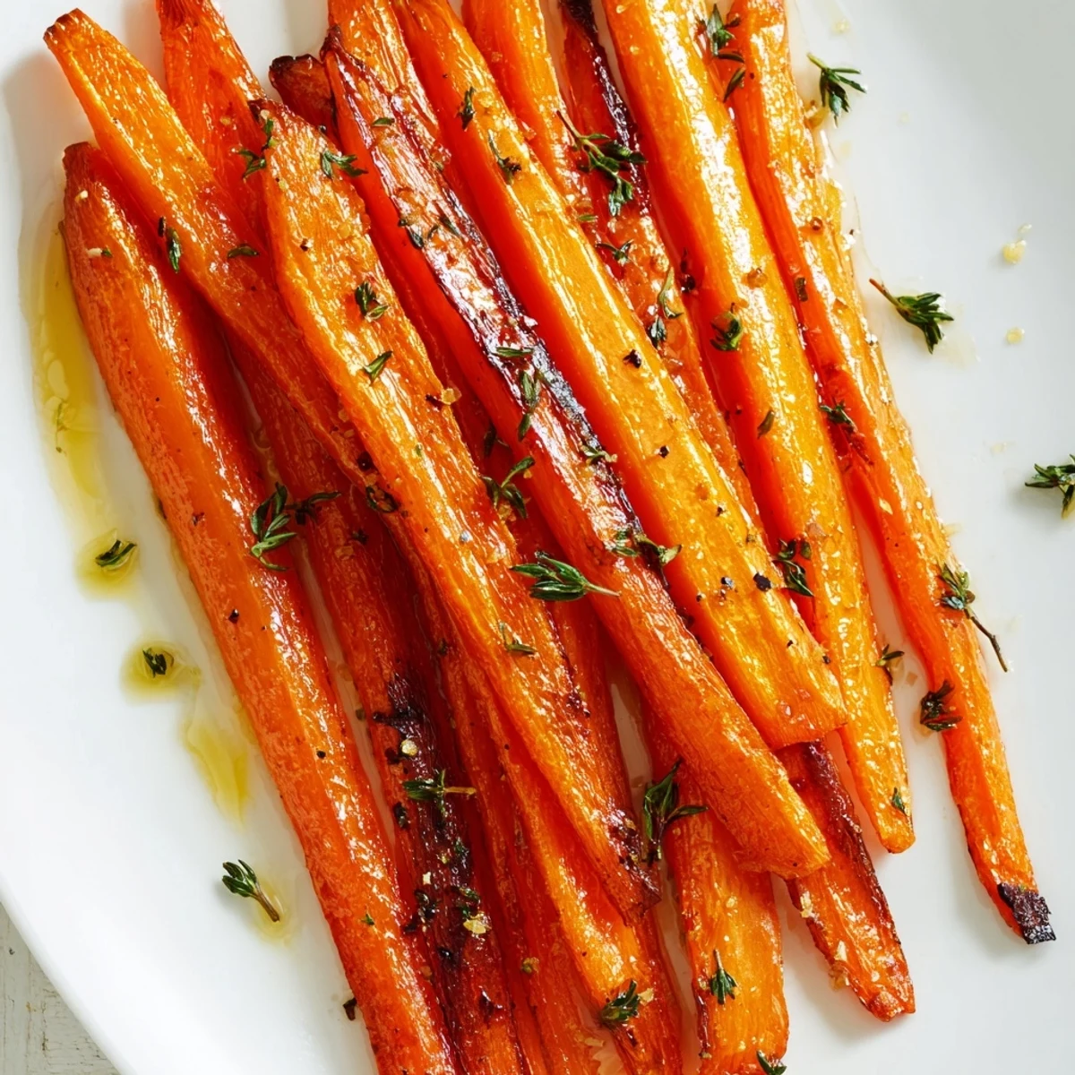Golden honey roasted carrots glistening with caramelized edges on a rustic white serving platter