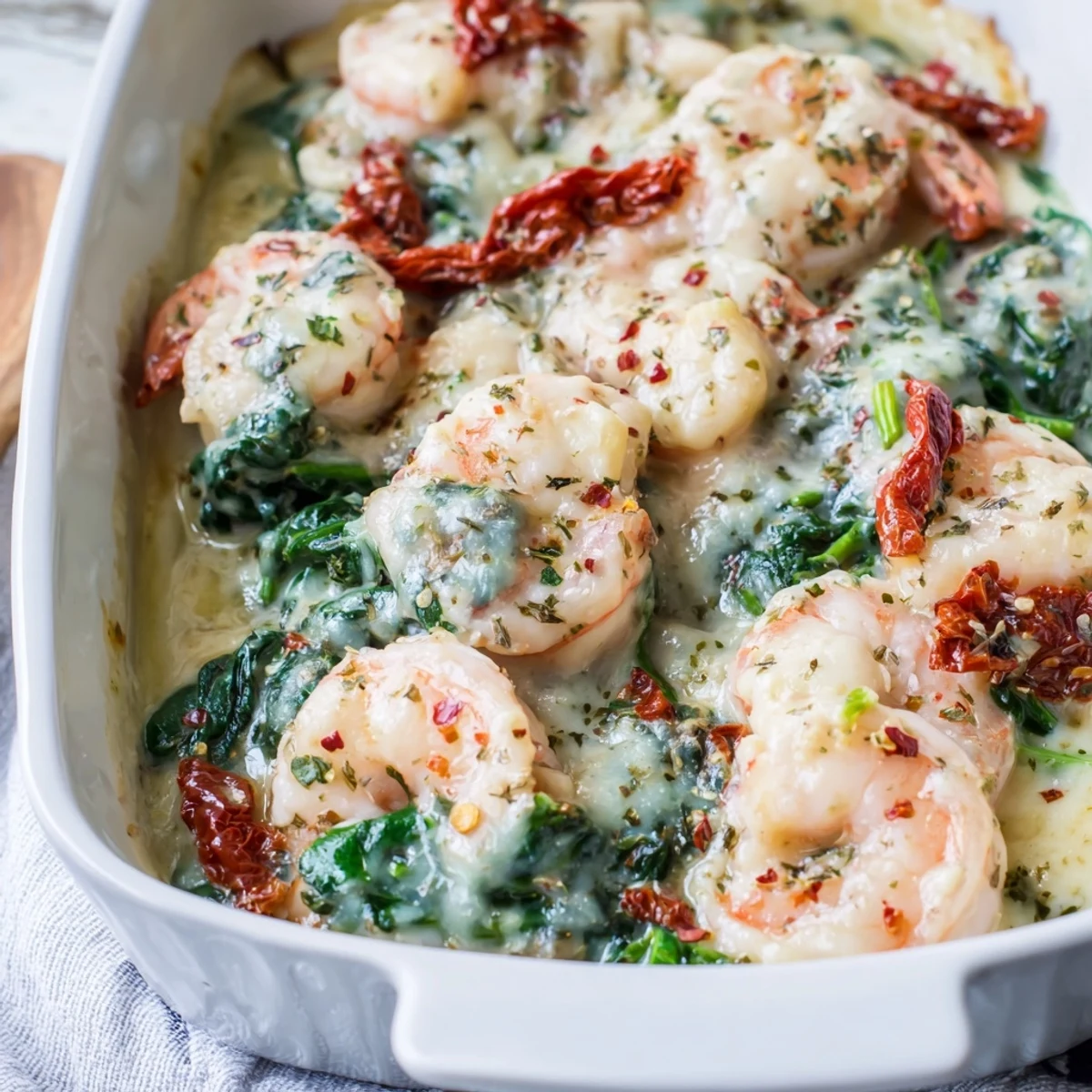 Golden Low Carb Shrimp Tuscan Bake with bubbling mozzarella and vibrant spinach in creamy sauce