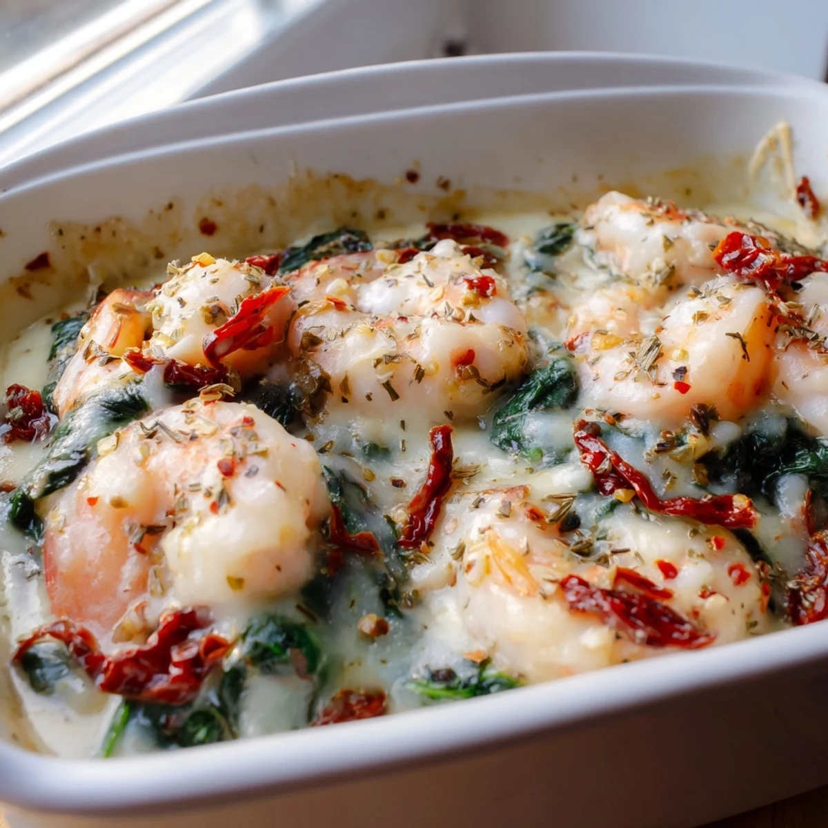 Creamy Low Carb Shrimp Tuscan Bake topped with melted cheese and sun-dried tomatoes