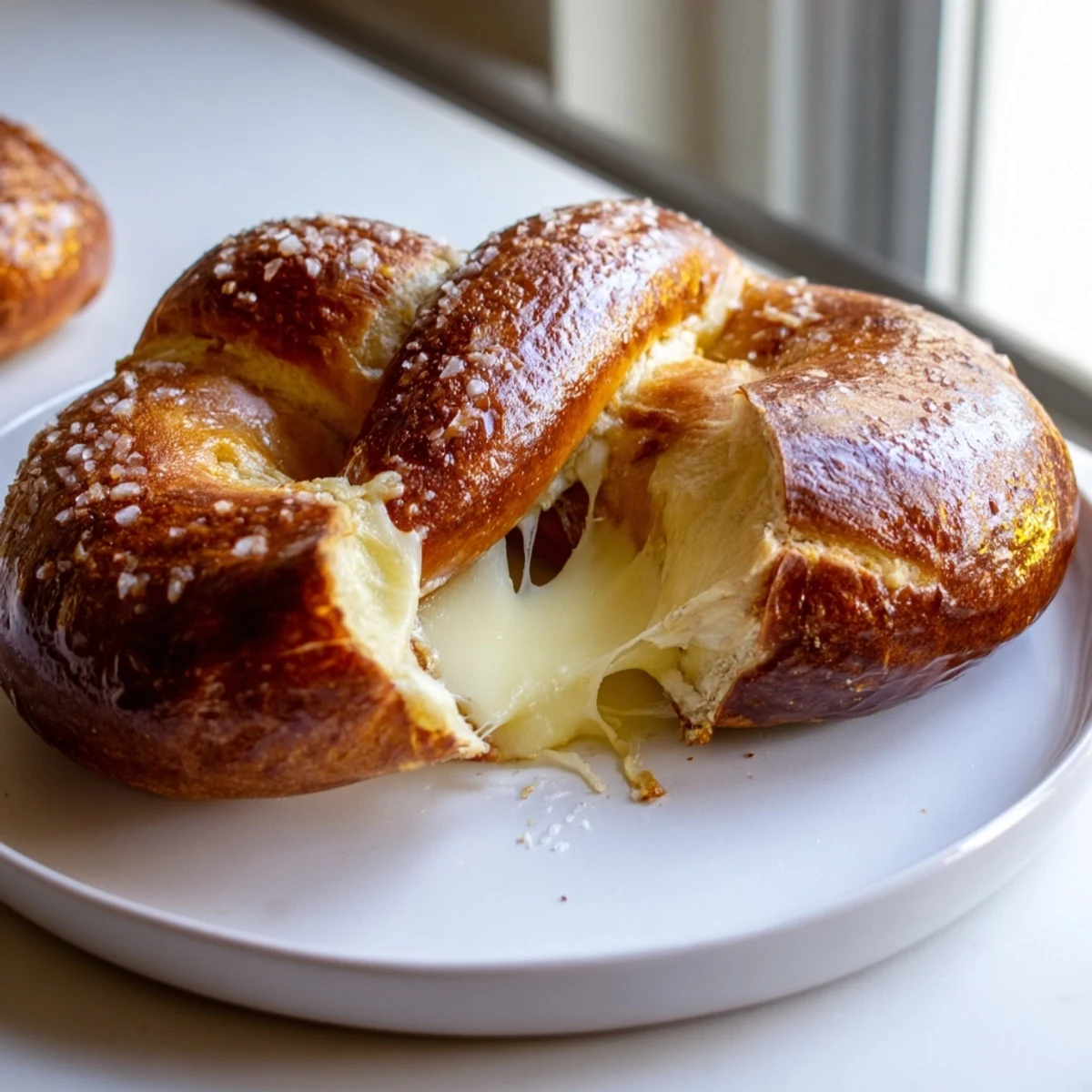 Golden brown mozzarella stuffed soft pretzels with coarse salt, served warm with melted cheese oozing out