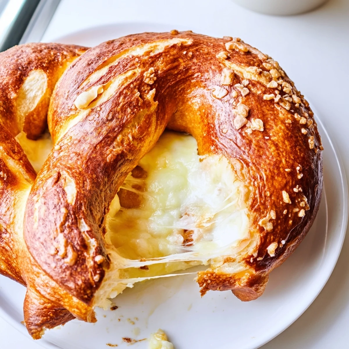 Chewy mozzarella stuffed soft pretzels twisted into classic shapes, brushed with egg wash and sprinkled with salt
