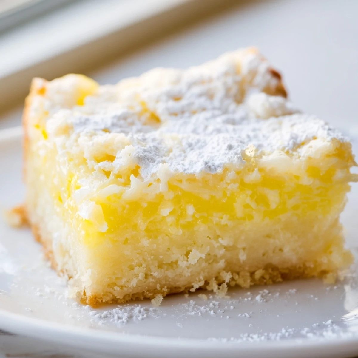 Golden Lemon Gooey Butter Cake squares dusted with powdered sugar on a rustic baking sheet