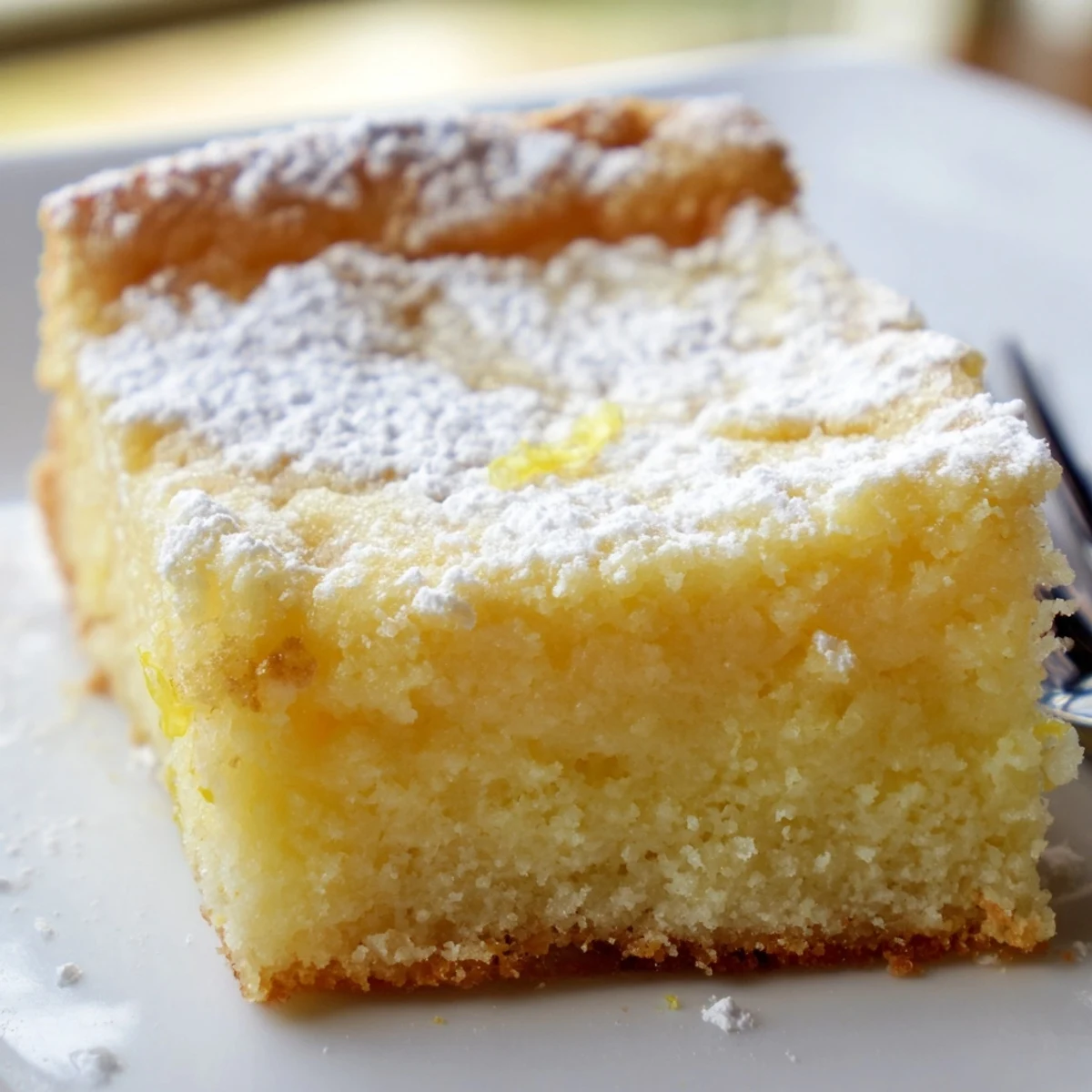 Creamy Lemon Gooey Butter Cake sliced into generous squares with a glossy custard topping