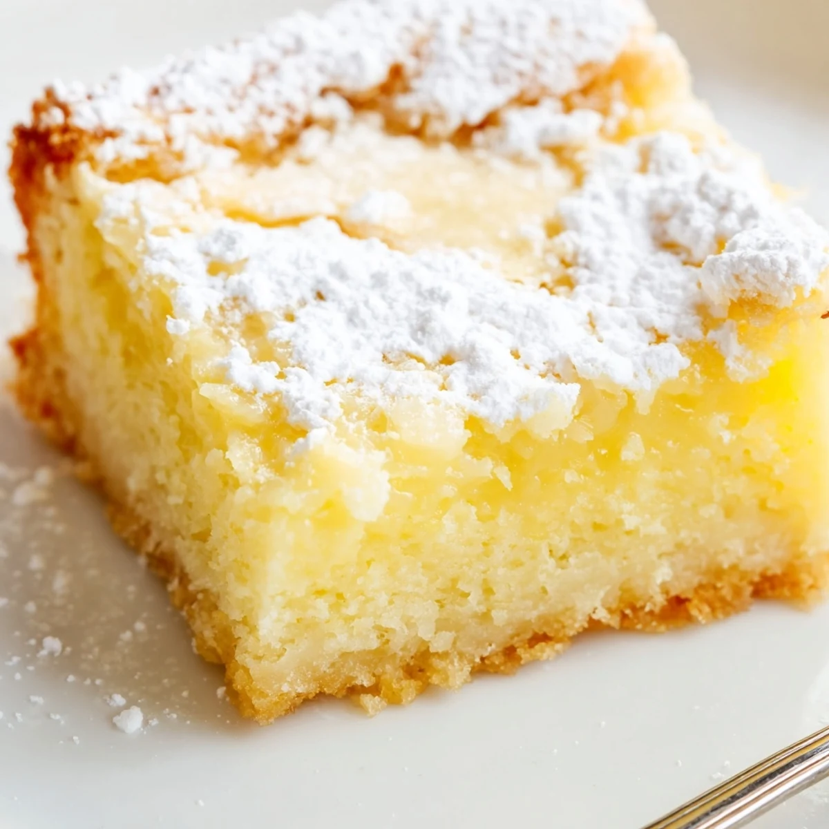 Warm Lemon Gooey Butter Cake cooling in a classic pan with golden buttery edges