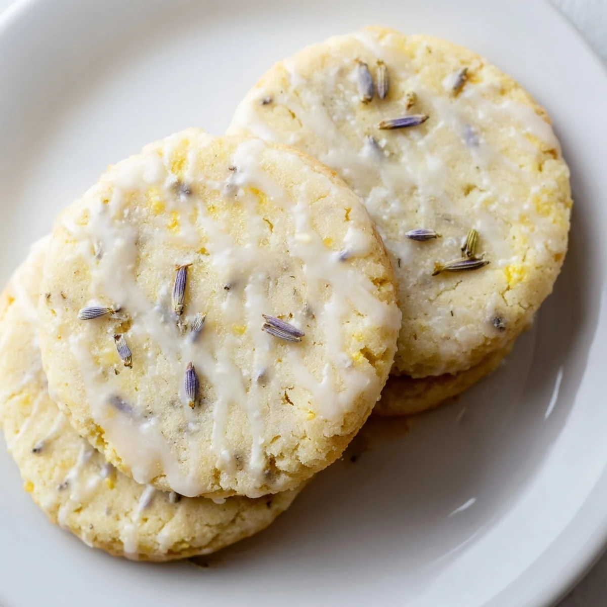 Golden lemon lavender cookies with speckled zest on a rustic parchment-lined baking sheet