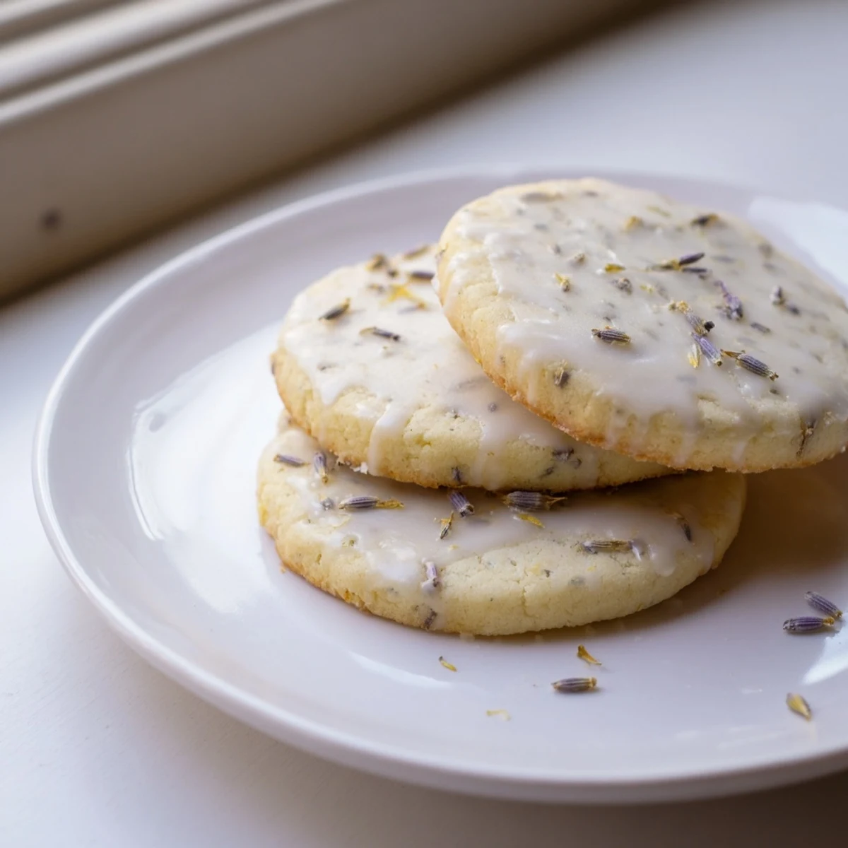 Soft lemon lavender cookies drizzled with sweet citrus glaze arranged on a white plate