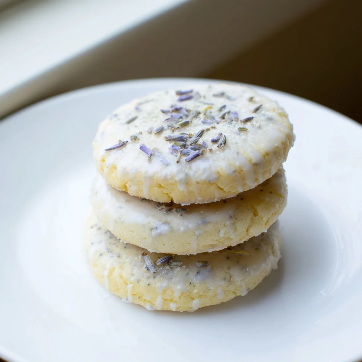 Delicate lemon lavender cookies with golden edges served beside a steaming cup of tea