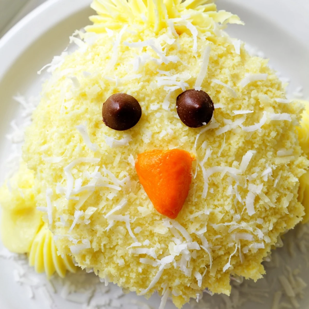 Adorable Easter Chick Cupcakes topped with fluffy yellow frosting and sweet coconut feathers on a festive spring table