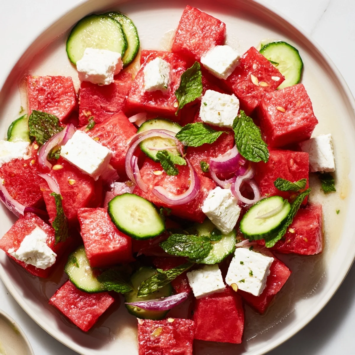 Vibrant watermelon feta salad with juicy red cubes, crumbled cheese, and fresh mint leaves