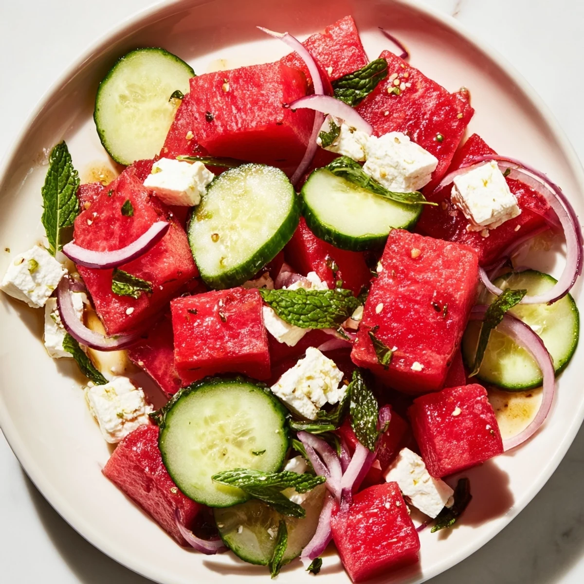 Refreshing watermelon feta salad drizzled with lime honey dressing on a bright summer plate