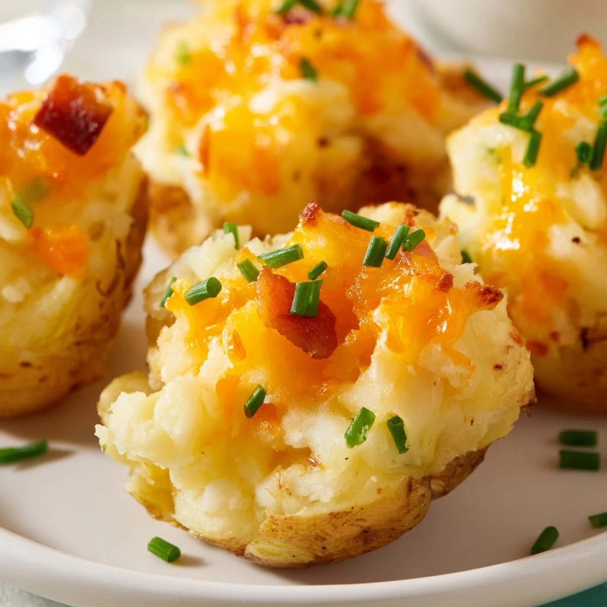 Golden Irish Potato Bites stuffed with melted cheddar and crispy bacon on a rustic baking sheet