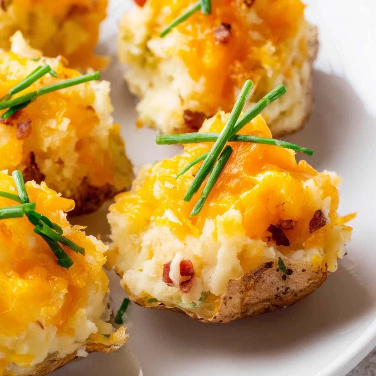 Crispy Irish Potato Bites topped with melted butter and fresh chives served on a white platter