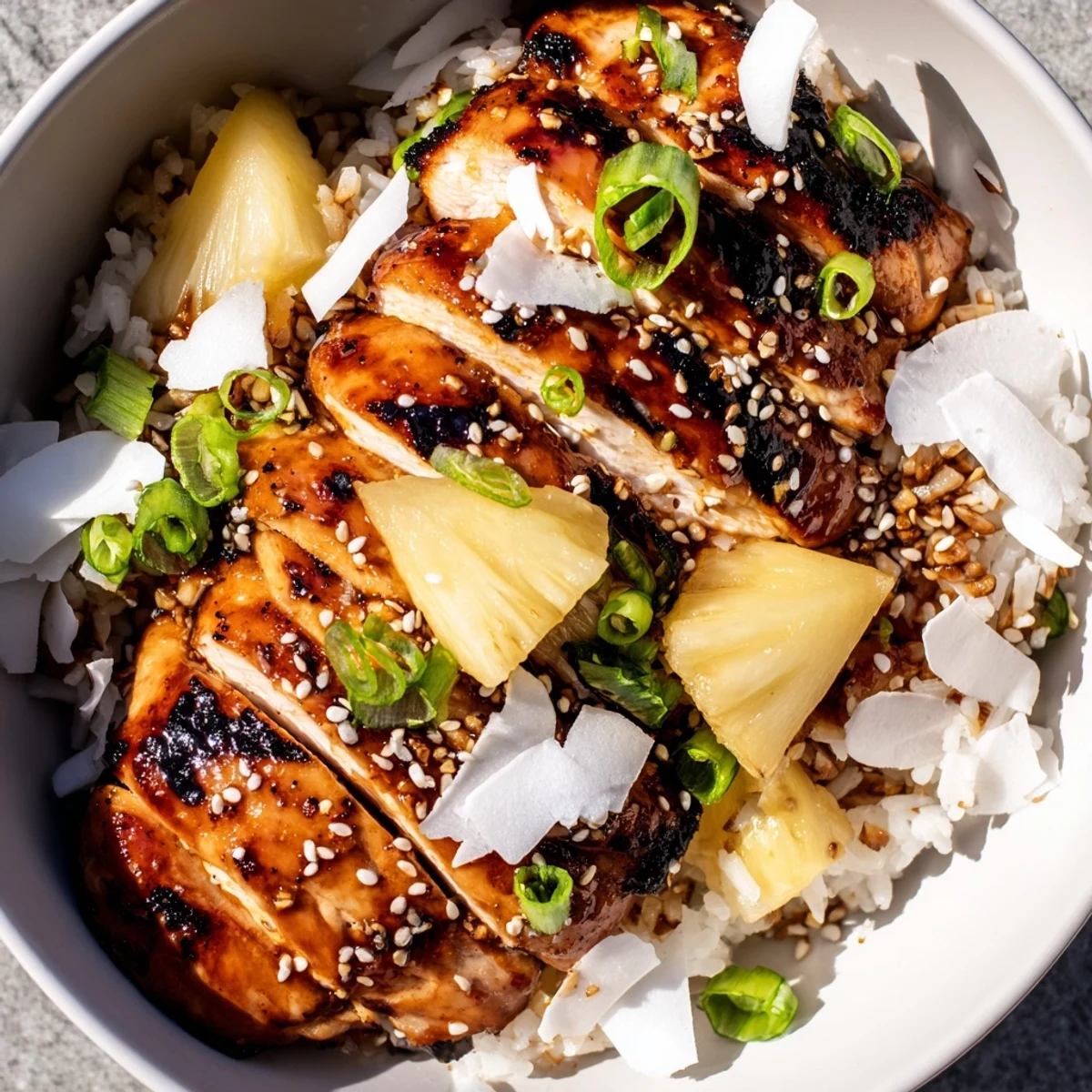 Golden caramelized Hawaiian chicken served over creamy coconut rice with fresh pineapple chunks