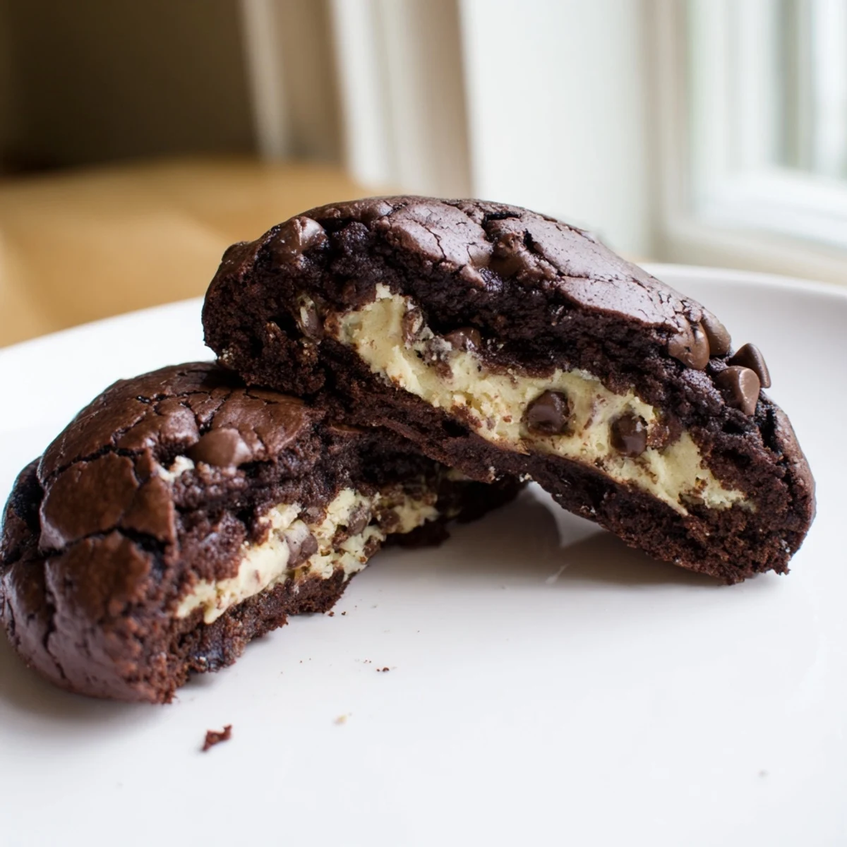 Fudgy brownie cookies stuffed with cookie dough on a rustic baking sheet