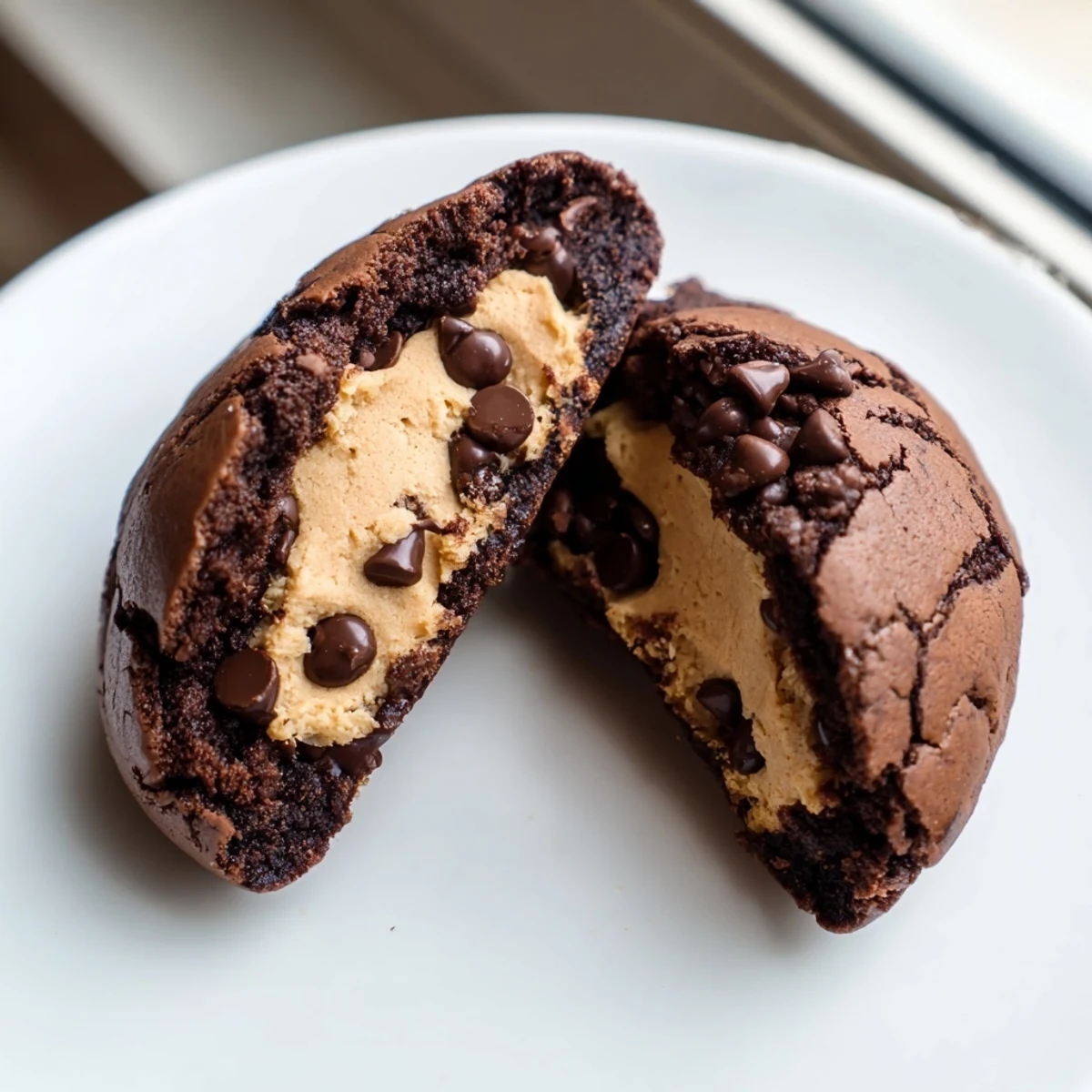 Gooey fudgy brownie cookies stuffed with cookie dough broken open revealing center