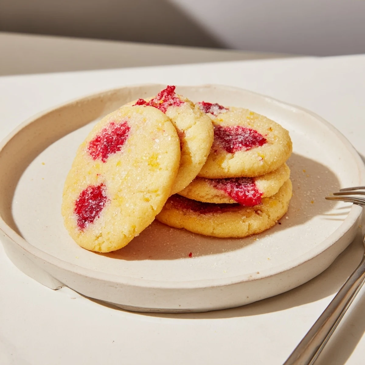 Soft lemon raspberry cookies with golden edges and ruby fruit pieces on rustic parchment