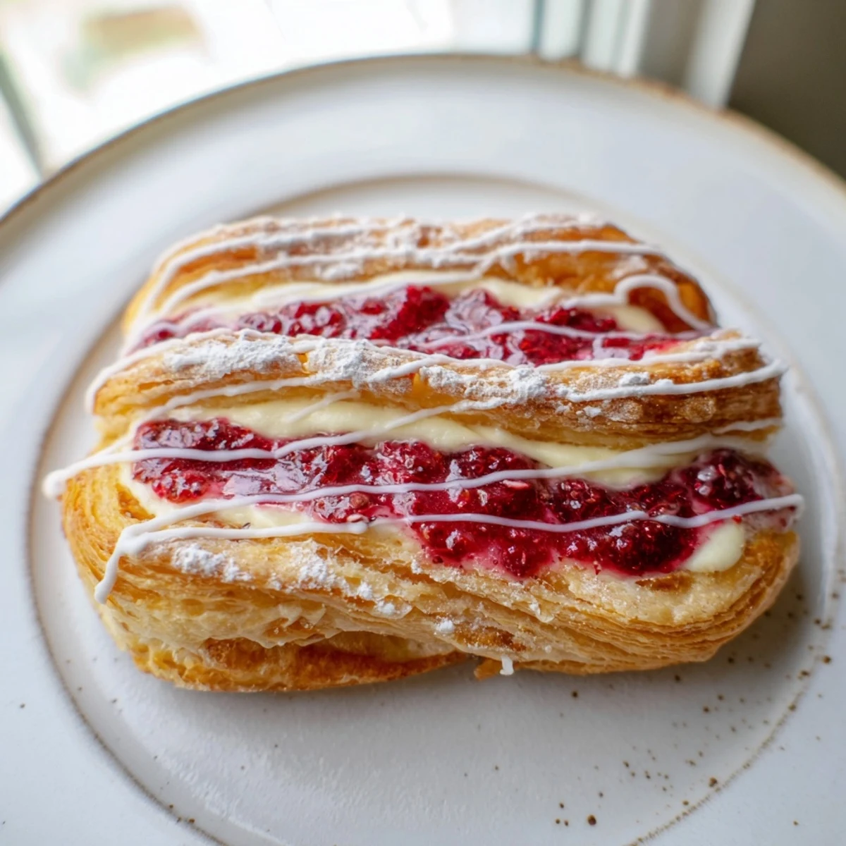 Golden Sourdough Discard Raspberry Cream Cheese Danishes drizzled with sweet vanilla glaze on a rustic baking sheet