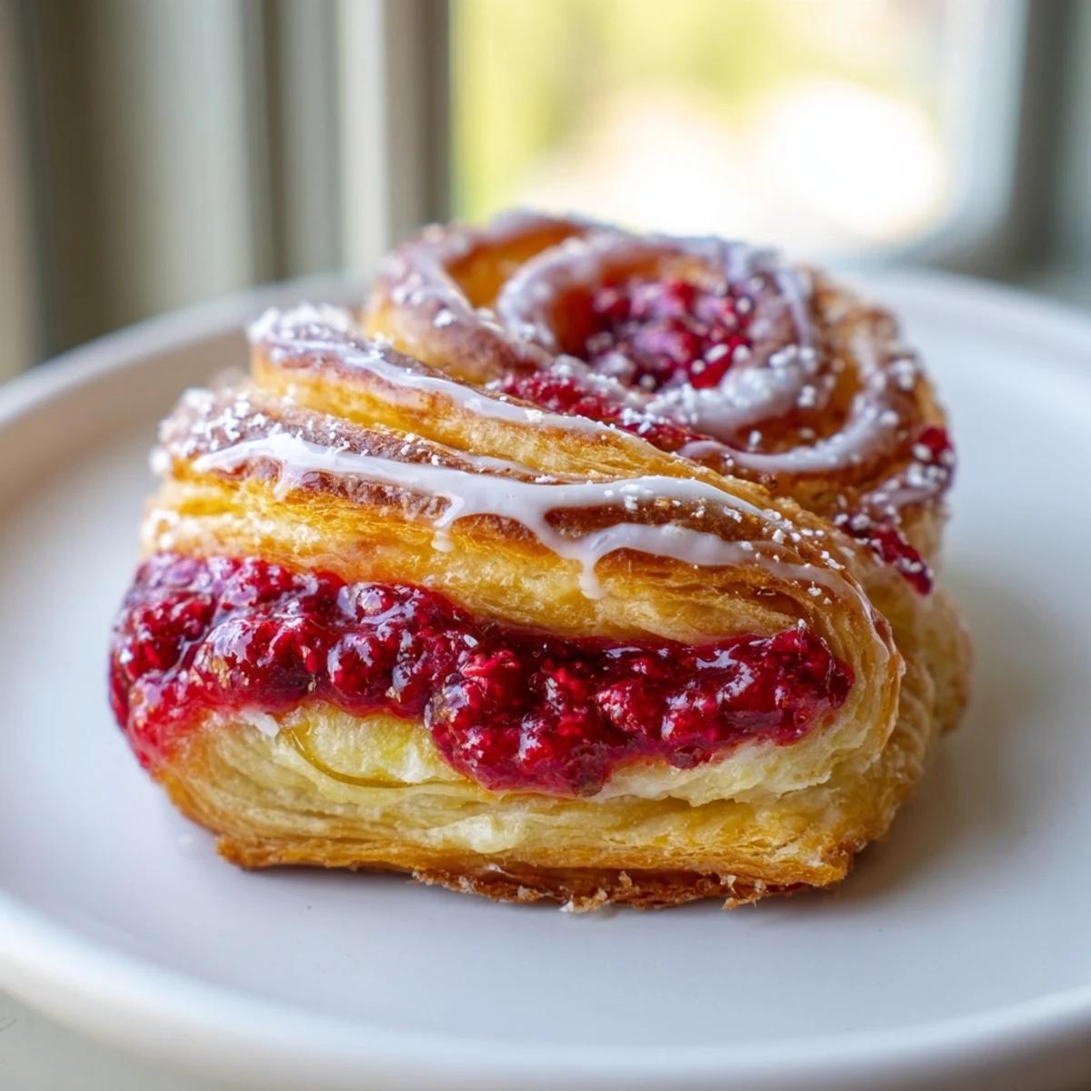 Flaky pastries filled with tangy cream cheese and bright red raspberries, freshly baked until golden brown