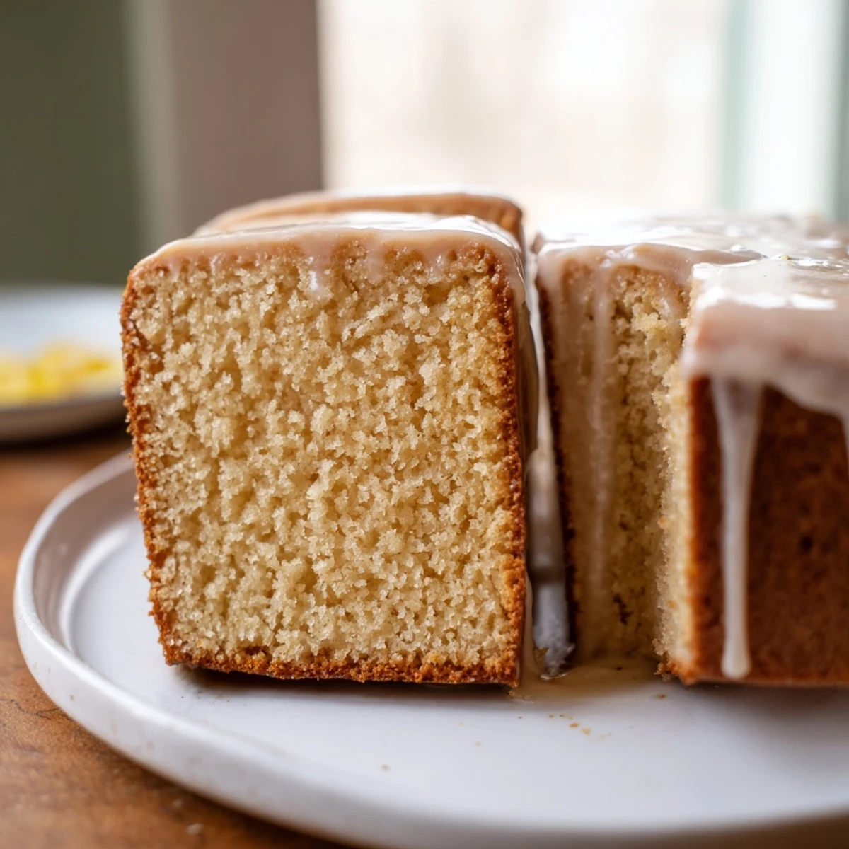 Golden church cake with vanilla glaze drizzled over a moist, tender sponge ready for sharing