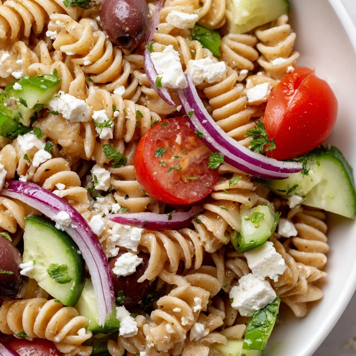 Colorful Greek pasta salad loaded with crisp cucumbers, ripe tomatoes, and tangy feta cheese